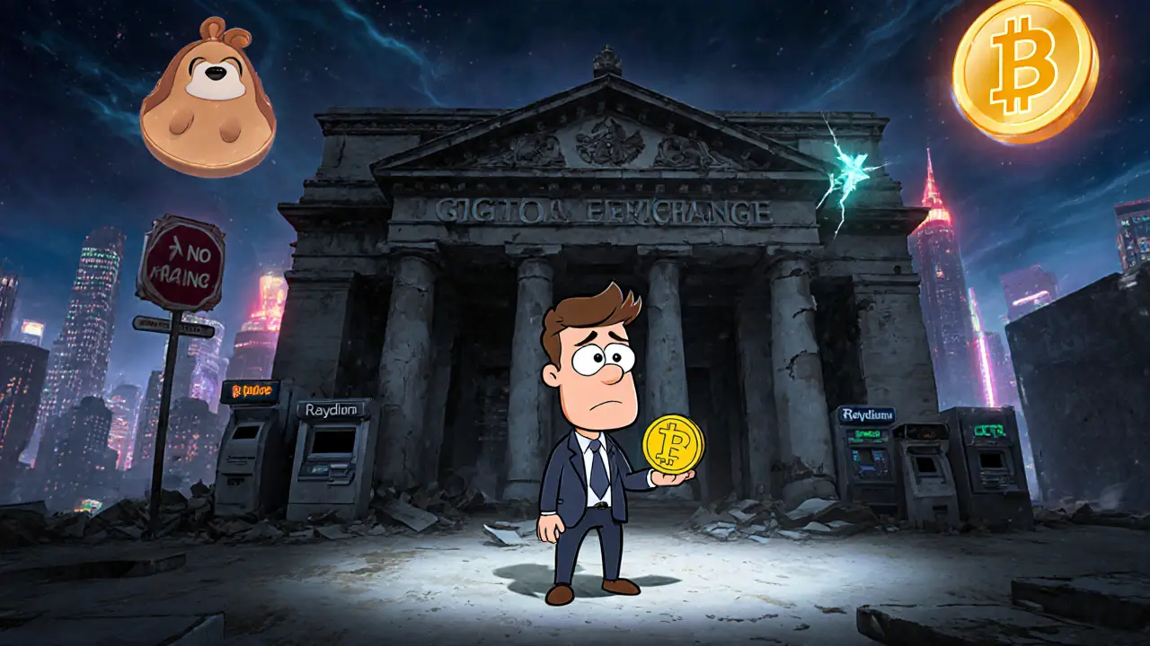 A confused cartoon investor standing before an abandoned crypto exchange while other coins trade actively nearby.