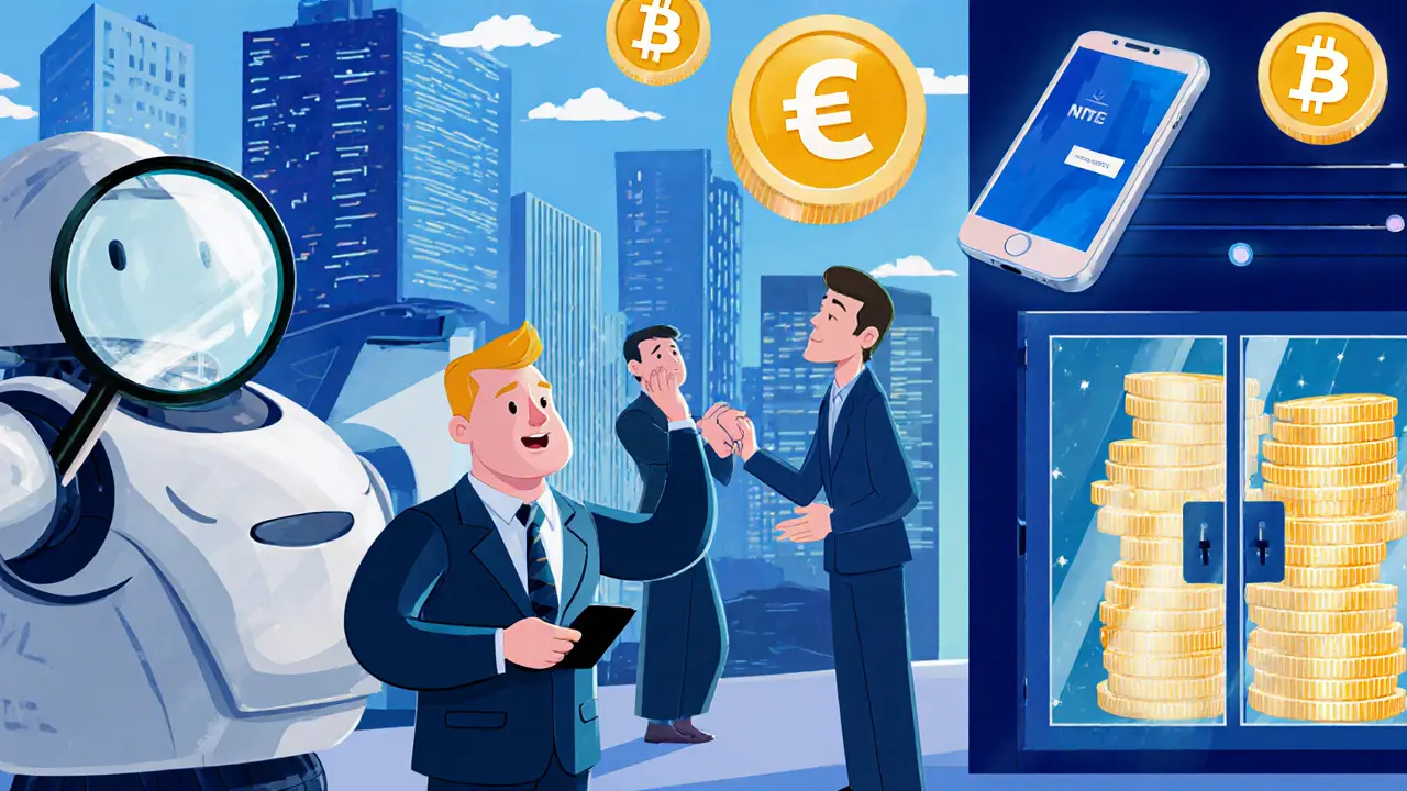A custodial wallet robot being audited while stablecoin reserves glow in transparent vaults in a vibrant EU crypto hub.