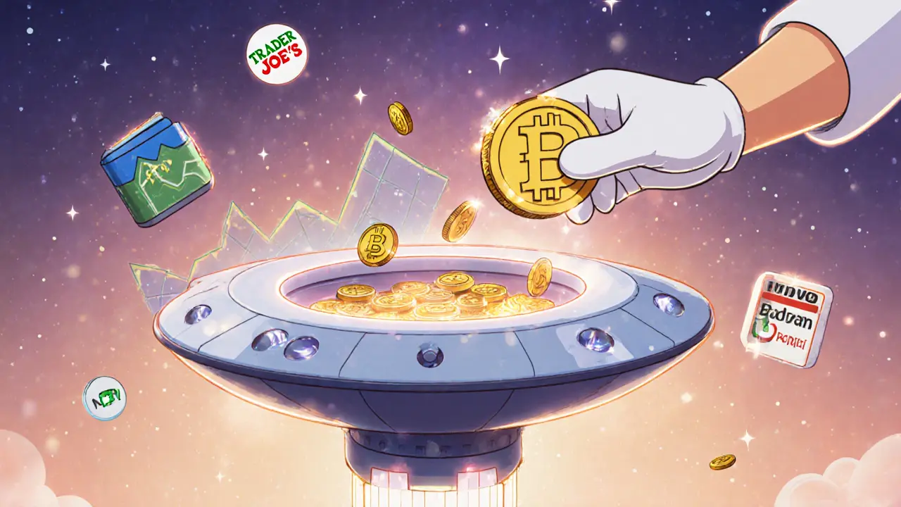 A hand deposits AVAX into a smart contract machine, and WAVAX tokens fly into a spaceship wallet.