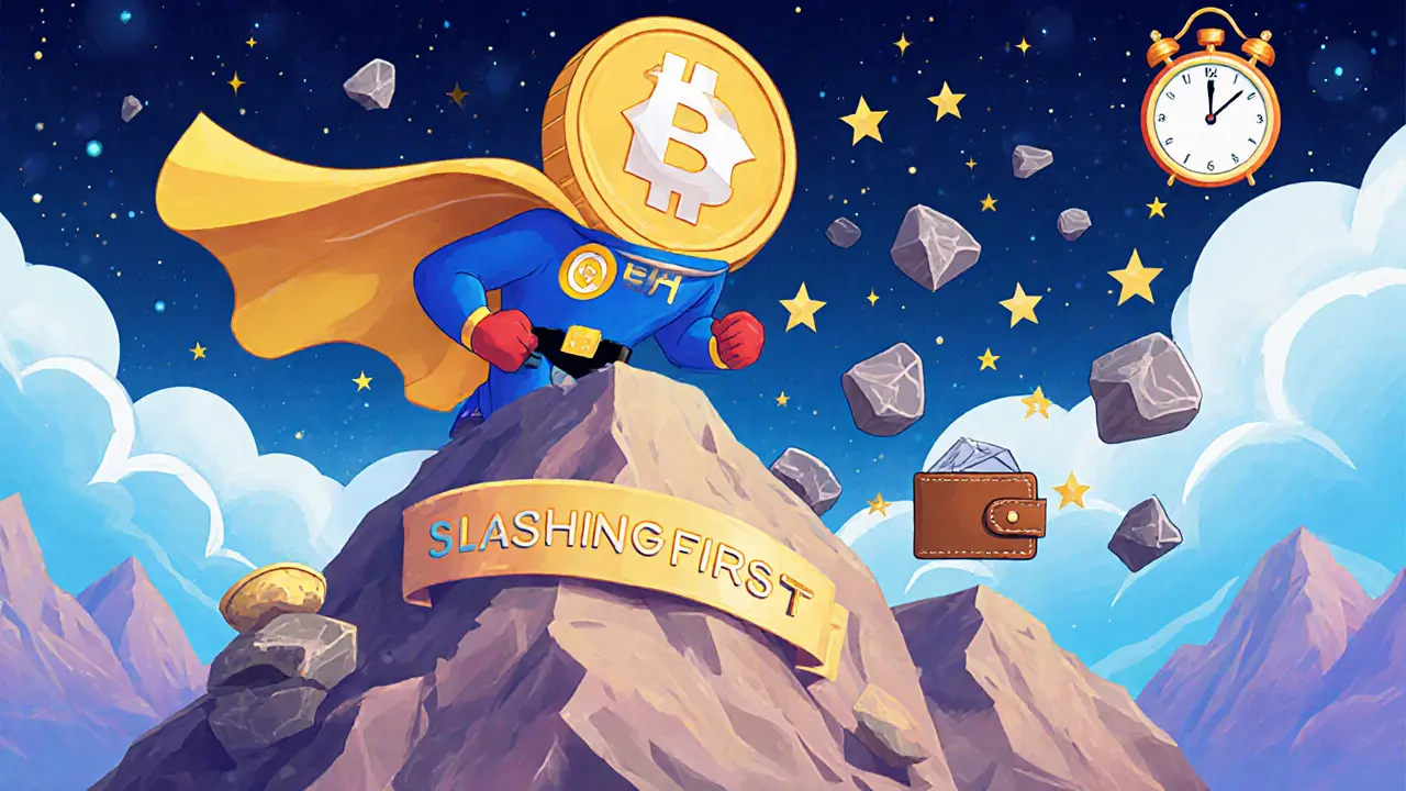 A heroic osETH token defends against slashing rocks using overcollateralized shields under a glowing oracle clock.