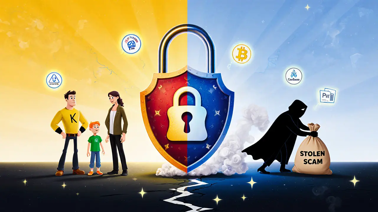 A security shield protects users on trusted exchanges while a shadowy figure flees with stolen crypto.