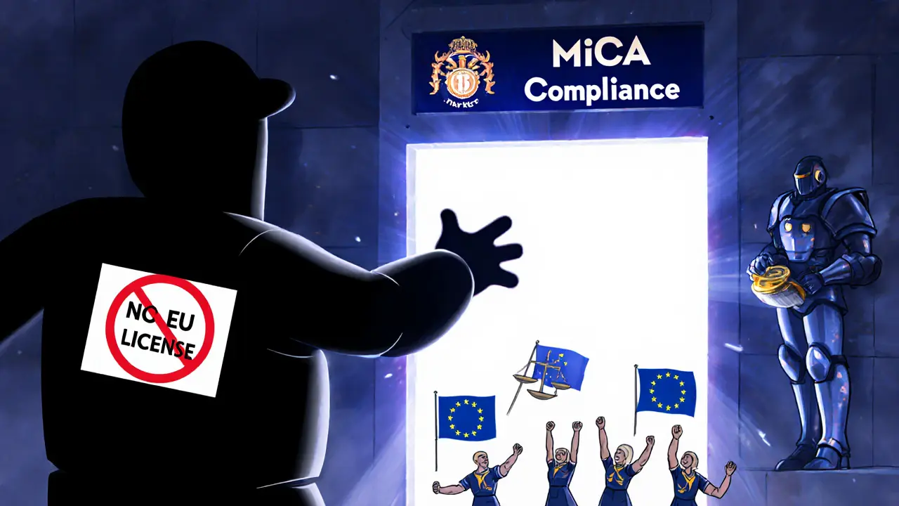 A shadowy non-compliant crypto company blocked by a MiCA compliance wall while EU-licensed firms celebrate below.