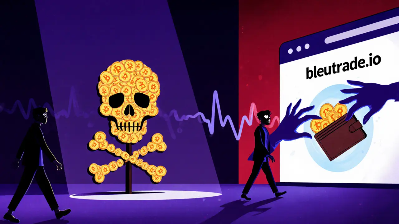 A skull made of crypto coins warns users away from a glowing scam website with shadowy hands reaching out.