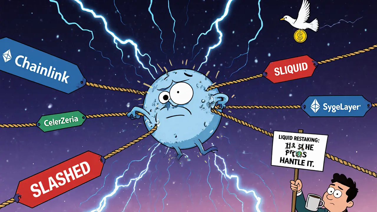 A stressed validator pulled in five directions by blockchain protocols during a cyberstorm, while a calm user watches.