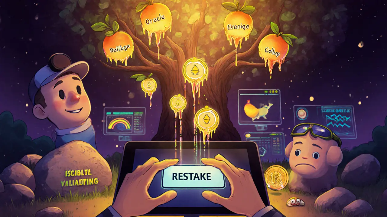 A user clicking a restake button as ETH turns into liquid tokens that feed a tree of blockchain services.