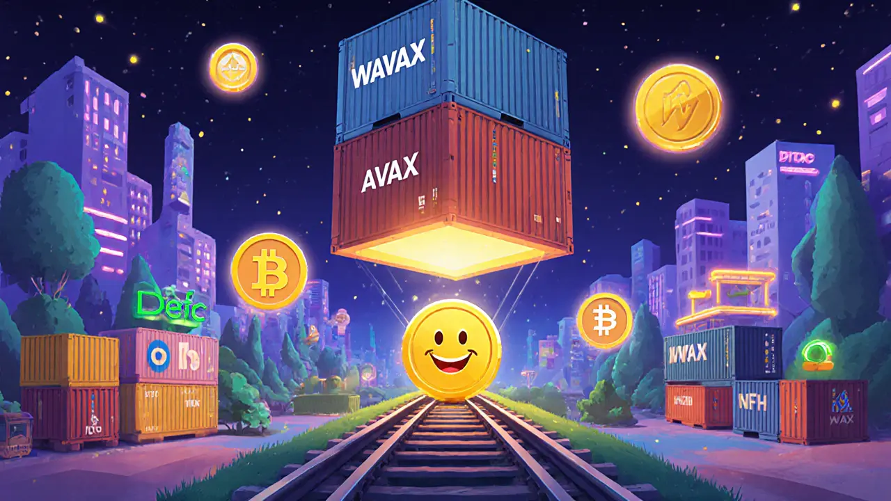 An AVAX coin rides inside a shipping container labeled WAVAX, traveling on a train through a DeFi city.