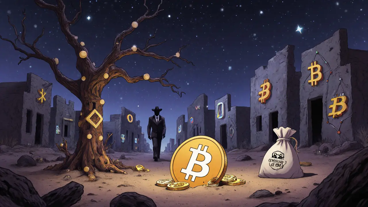 An eerie ghost town of crypto logos with a lone PPT coin in the dust under a blockchain tree.