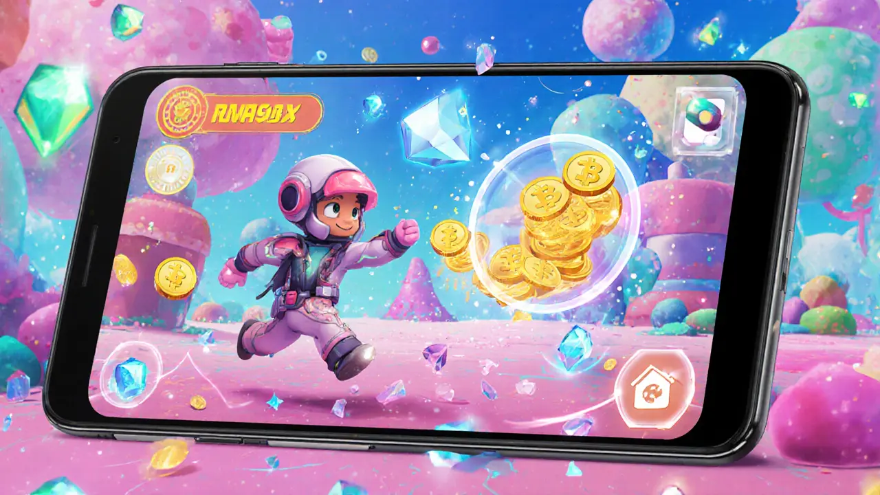 Cartoon character collecting Gems in a colorful mobile game with MEMAGX tokens appearing
