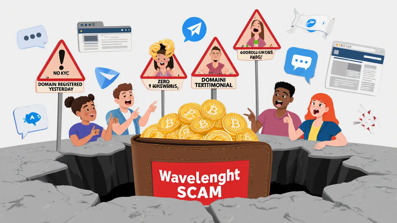 Crypto coins falling into a dark pit labeled &#039;Wavelength Scam&#039; as users react to warning signs.
