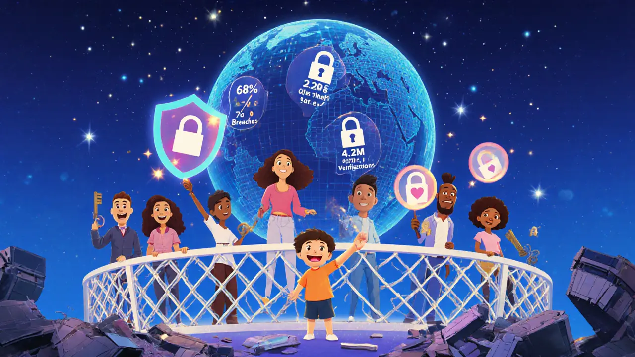 Diverse people stand on a blockchain platform holding identity keys, with global security stats glowing above.