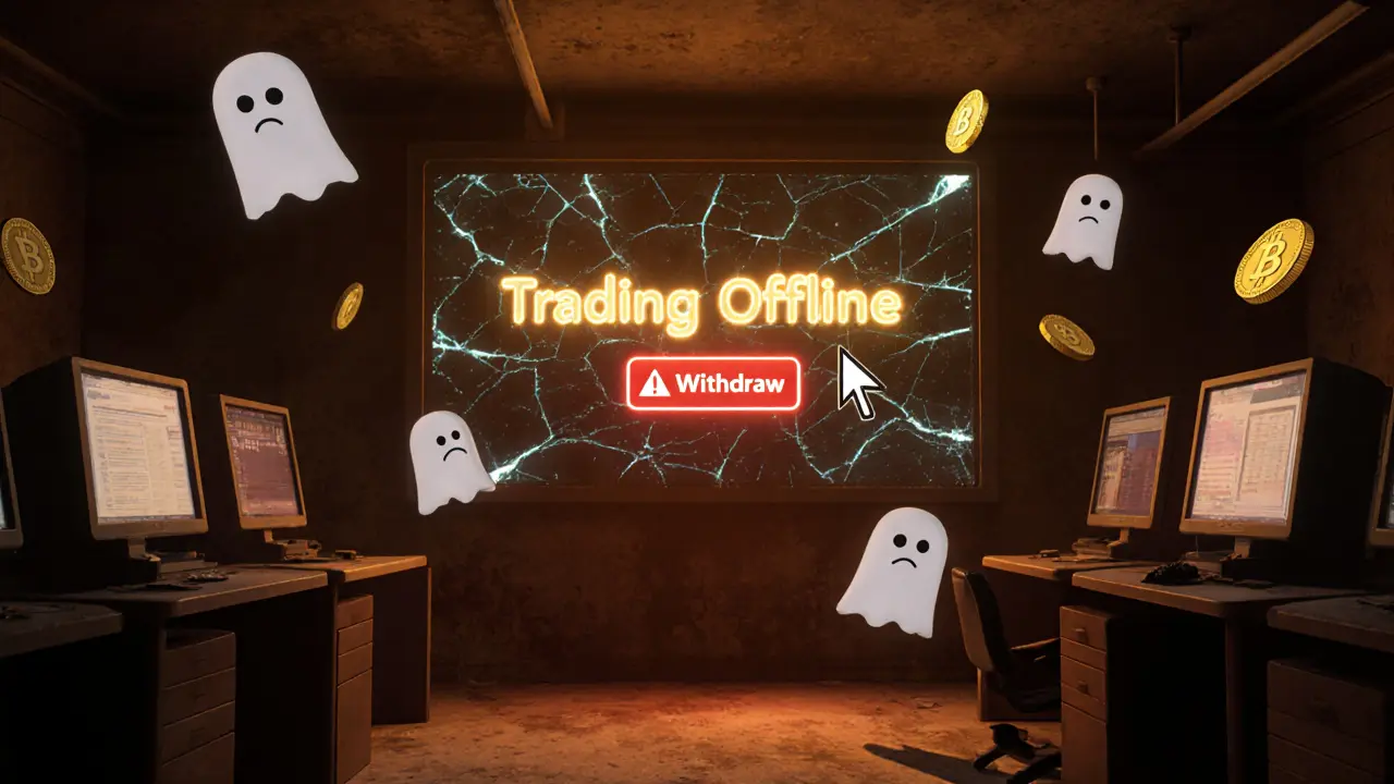 Ghostly crypto coins floating in an empty trading floor, a broken screen reads &#039;Trading Offline&#039;.