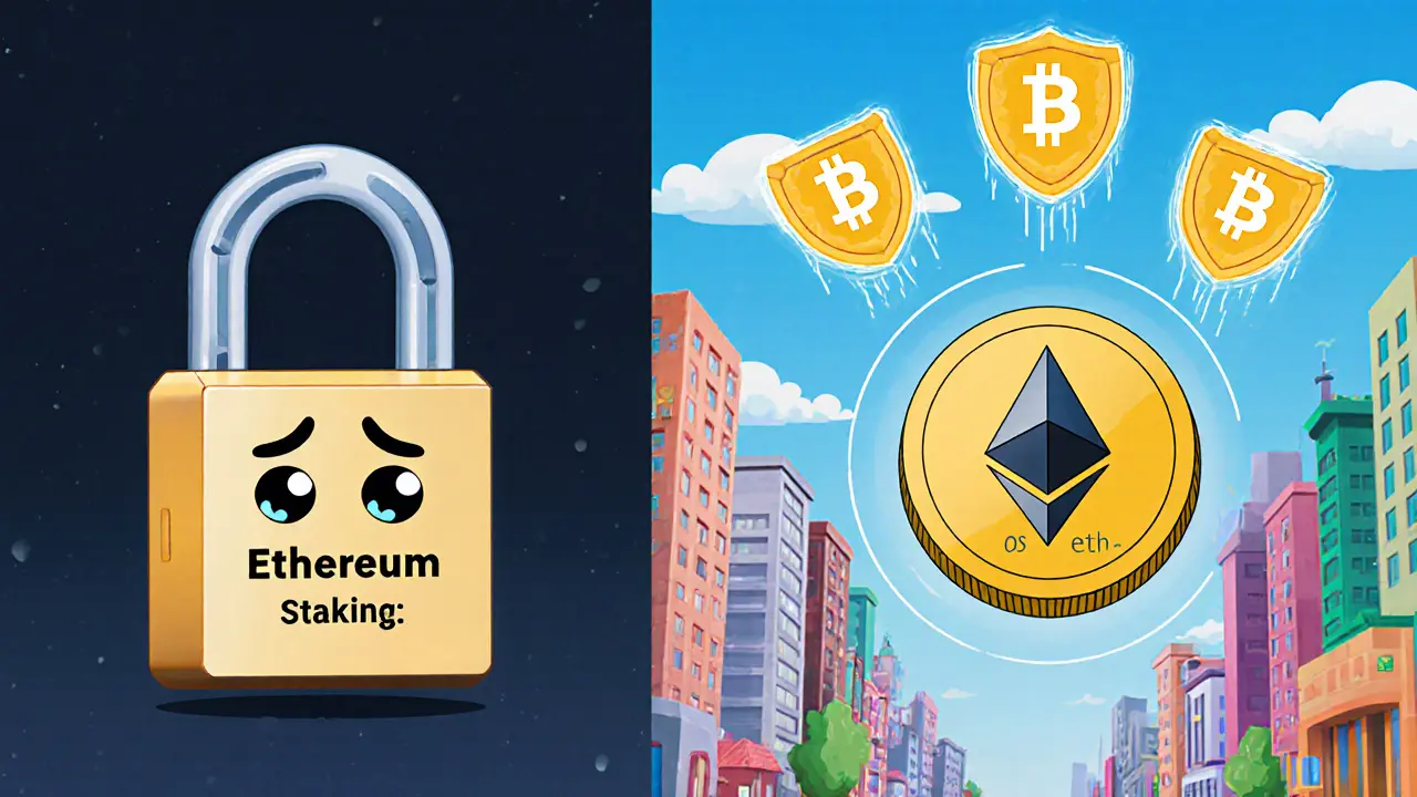 One ETH coin is locked in chains while another uses osETH to access DeFi apps in a colorful city.