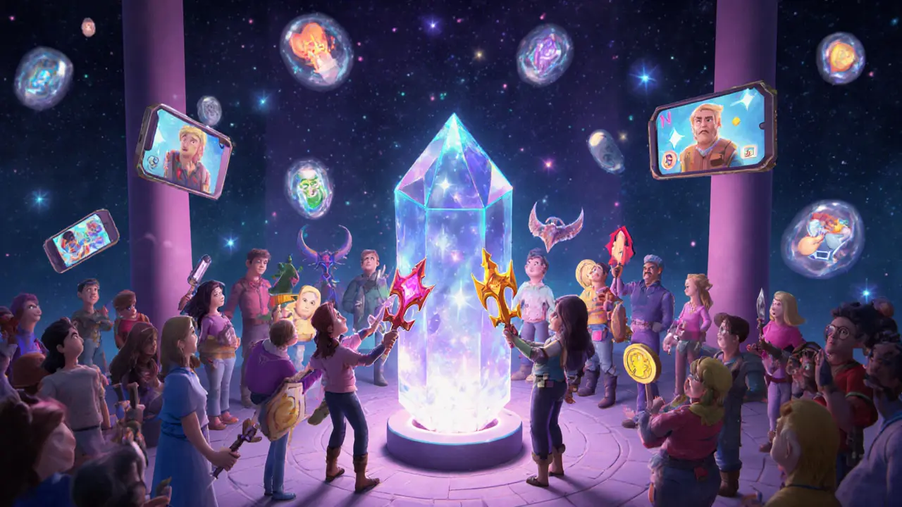 Players in a digital guild hall staking NFT items into a glowing crystal center