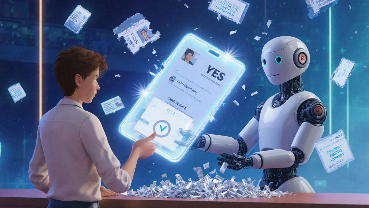 Someone verifies age with a hidden credential at a futuristic bank counter, no sensitive data shown.