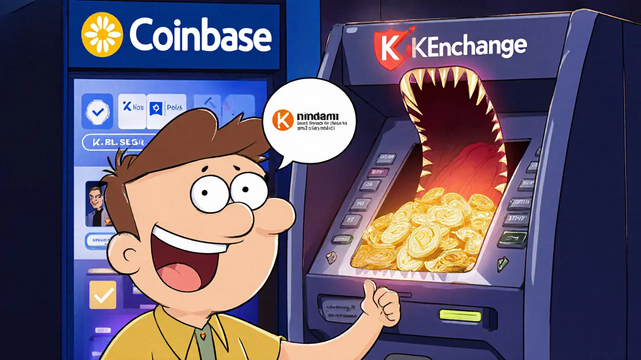 A cartoon investor&#039;s crypto being swallowed by a monster disguised as a trading platform.