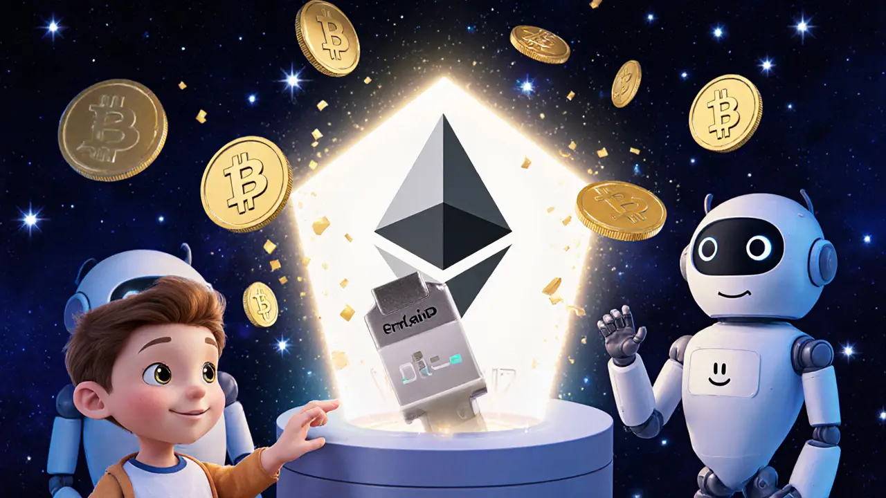 A child converting eMAID tokens into SAFE tokens through a glowing Ethereum portal with friendly nodes.