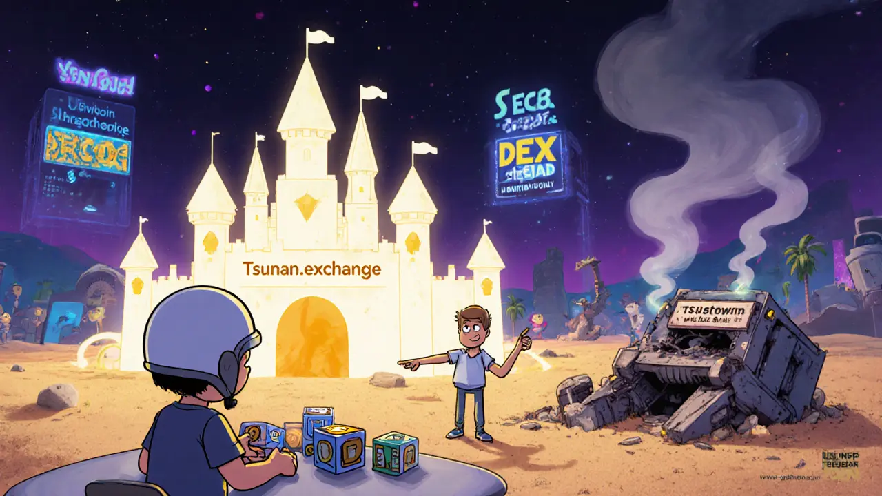 A child plays with blockchain toys near a glowing unfinished castle labeled Tsunami.exchange, while a broken exchange machine smolders nearby.