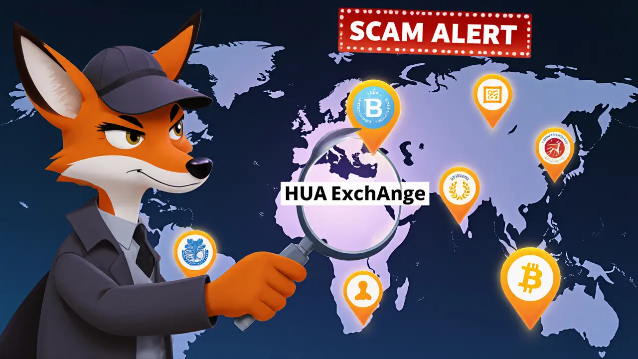A detective fox reveals a blank spot where a scam exchange should appear on a crypto map.
