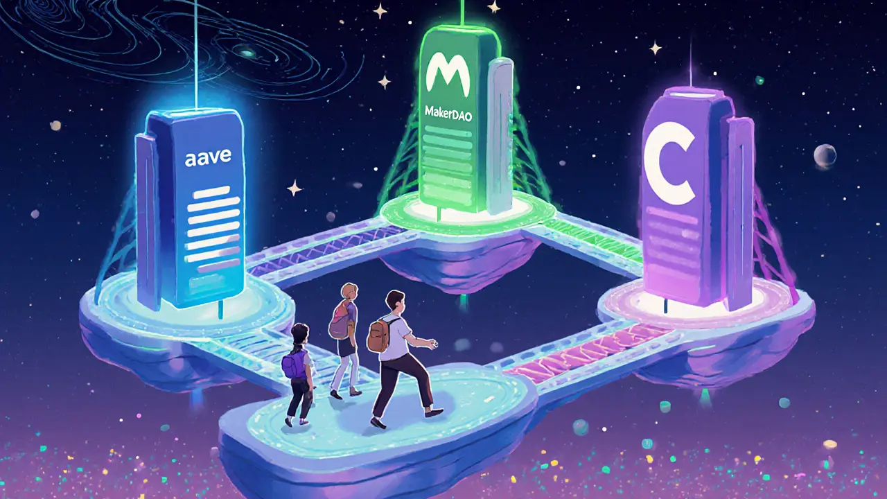 A floating DeFi city with connected towers for lending, stablecoins, and swaps, glowing under a starry sky.