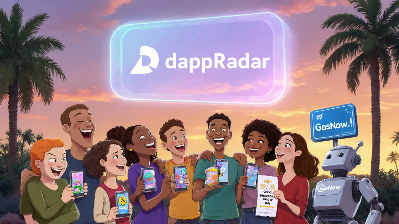 A group of people enjoying a park while viewing NFTs and staking rewards on their phones under a DappRadar hologram.