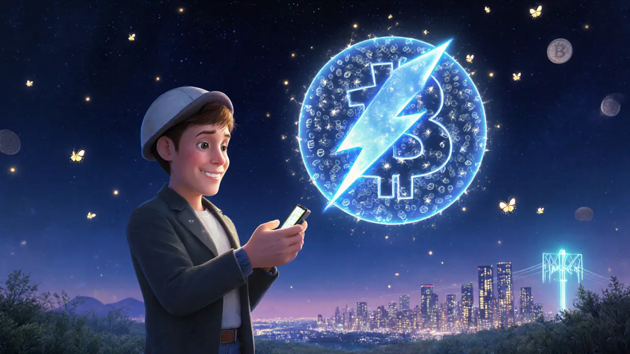 A miner confirming a microtransaction in 2140, surrounded by glowing fee payments like fireflies.