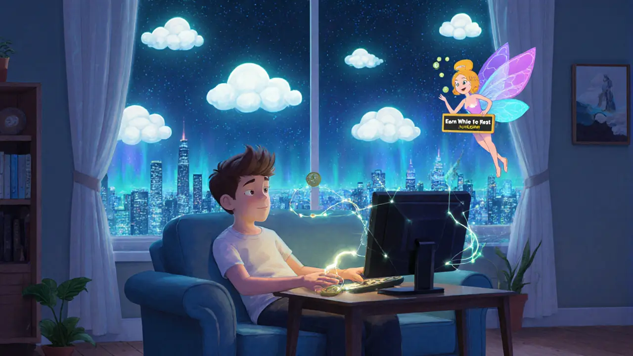 A person earning AKT tokens by renting idle GPU power, with a blockchain fairy and glowing network nodes in their living room.