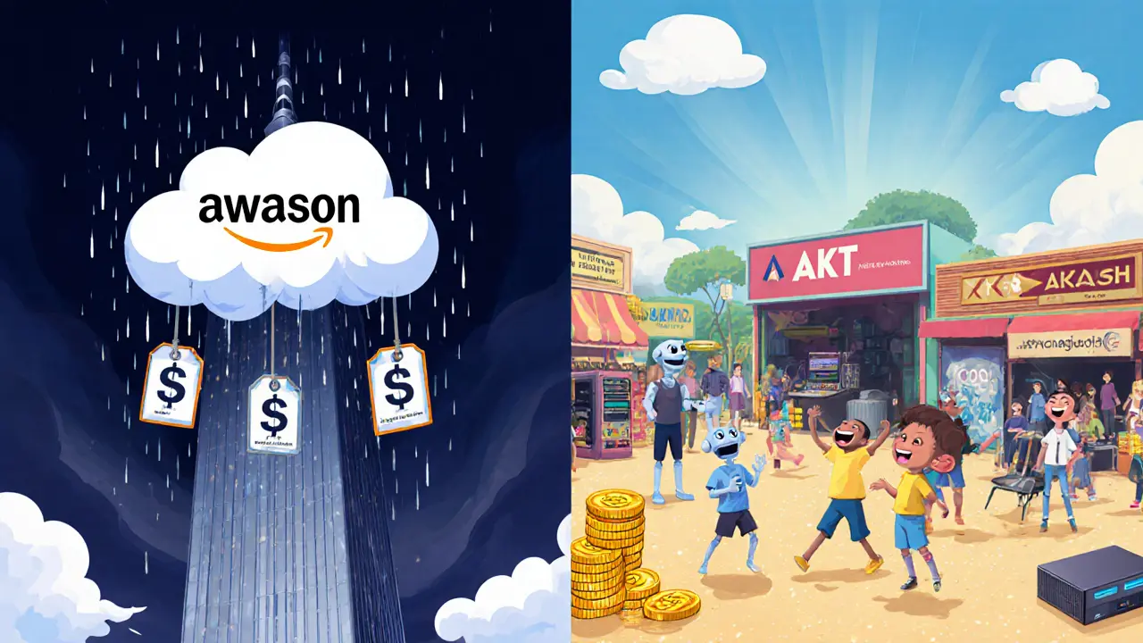 A Pixar-style contrast between a dark corporate cloud and a bright decentralized marketplace with users renting GPUs.