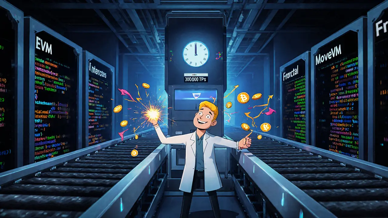 A robot engineer translating code on a high-speed blockchain machine with 30,000 TPS transactions.