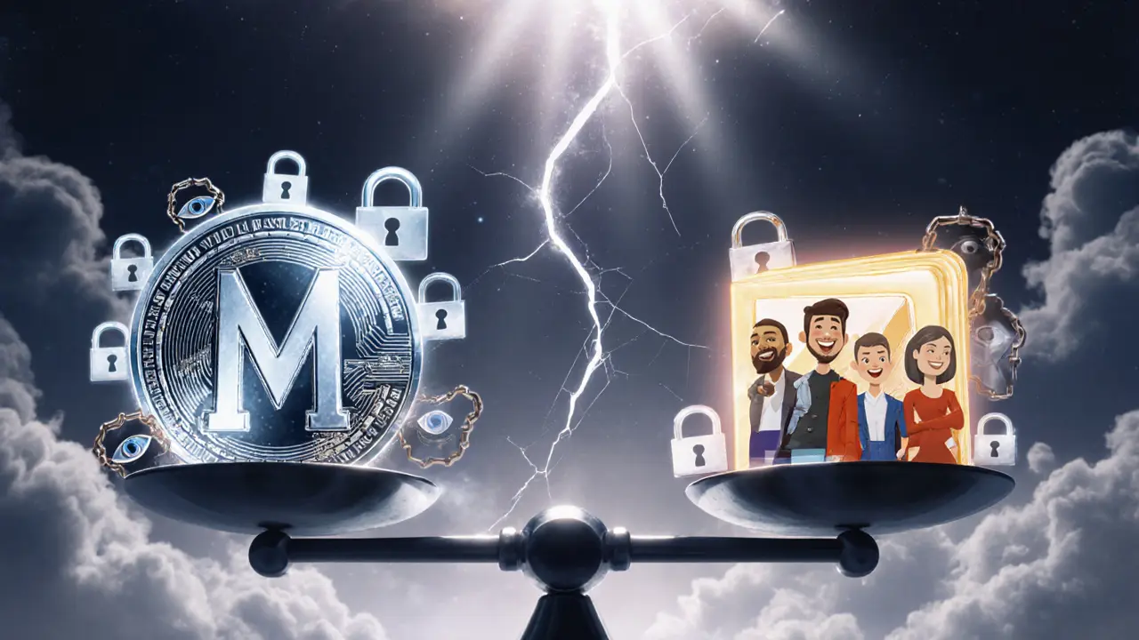 A scale balancing privacy coins against regulatory chains, with activists and journalists on the other side.