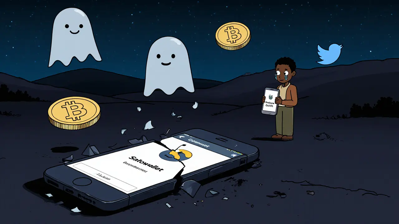 A shattered app icon in a dark digital world with fading coins and a lonely user holding a lost phone.