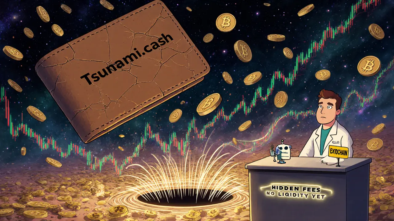 A trader connects a wallet to a multi-chain blockchain tree, while chaotic price graphs fall around a &#039;Tsunami.cash&#039; black hole.