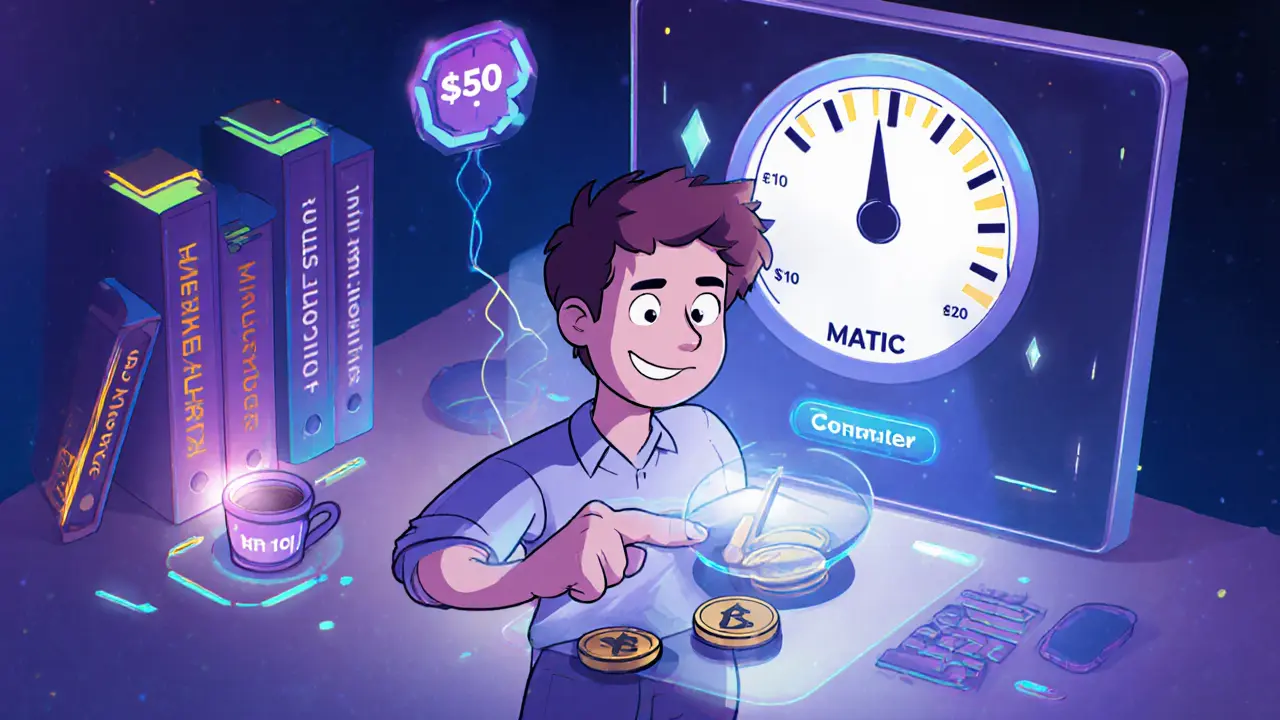 A user connecting a wallet with a dropping gas fee meter in a cozy, tech-filled room.