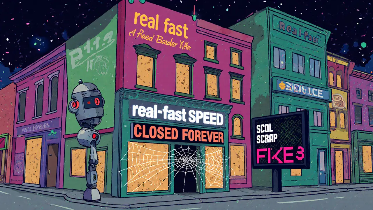 An abandoned storefront labeled &#039;real fast (SPEED)&#039; stands empty in a digital ghost town, while a robot scraper updates a fake price billboard.