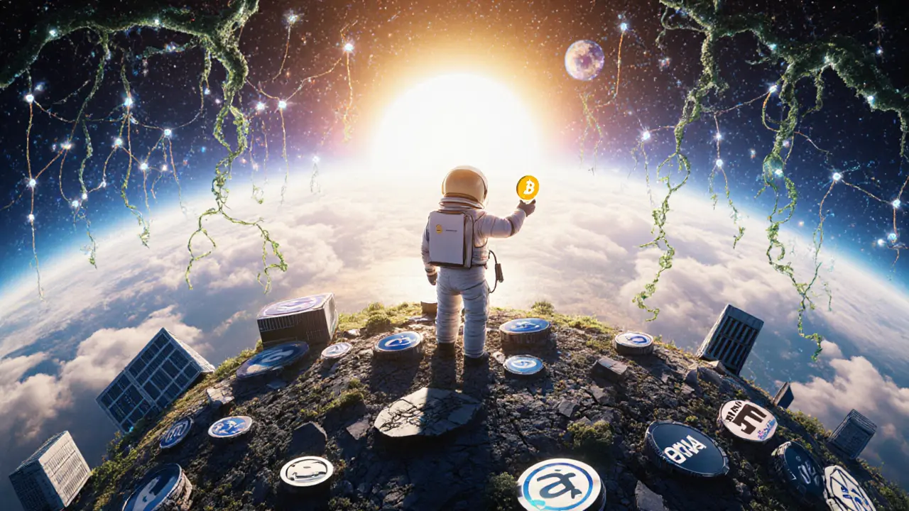 An astronaut holding an eMAID token as a new decentralized internet rises above a crumbling corporate Earth.