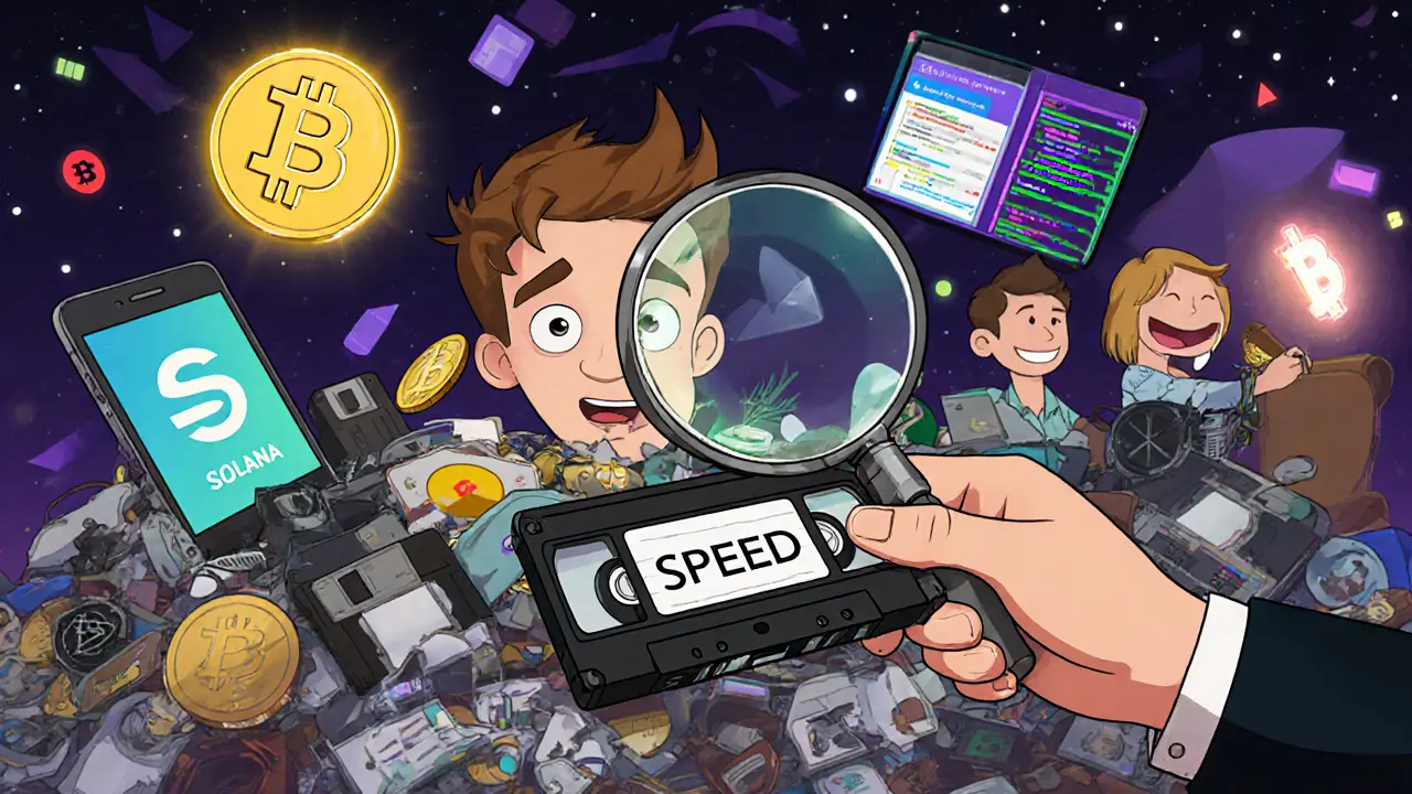 An investor examines a crumbling VHS tape labeled &#039;SPEED&#039; in a landfill of obsolete tech, while lively crypto coins glow nearby.