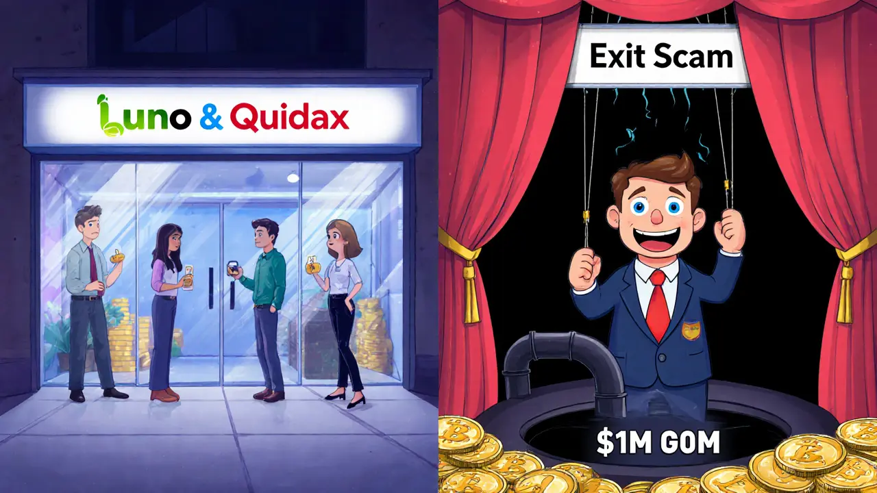 Contrasting scene: transparent legitimate exchange vs. Satowallet’s puppet-controlled facade draining money into a black hole.