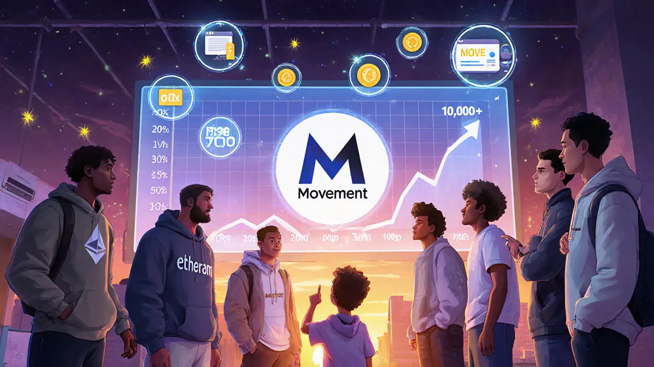 Diverse developers gathered around a hologram of the Movement Network with rising adoption graph.