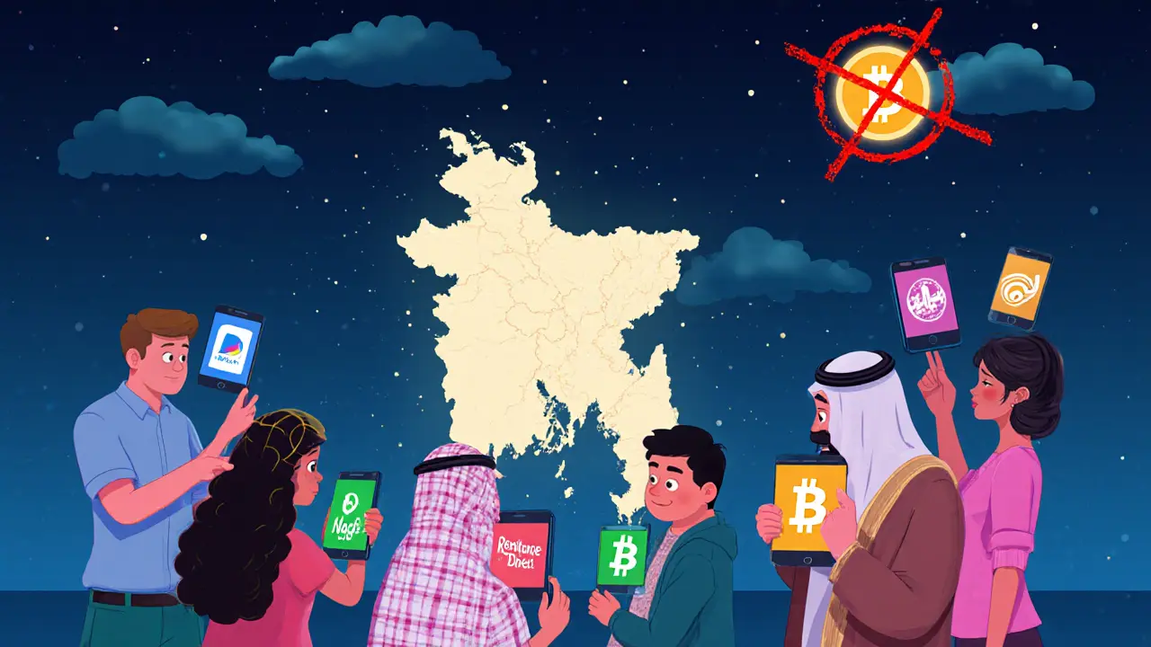 Expats hold digital remittance apps as a Bitcoin symbol fades into darkness, marked with a ban stamp.