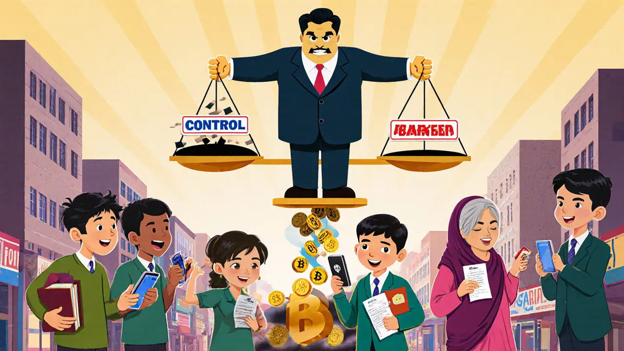 Families in Dhaka celebrate remittance arrivals on their phones, while a central bank mascot blocks crypto coins from entering.