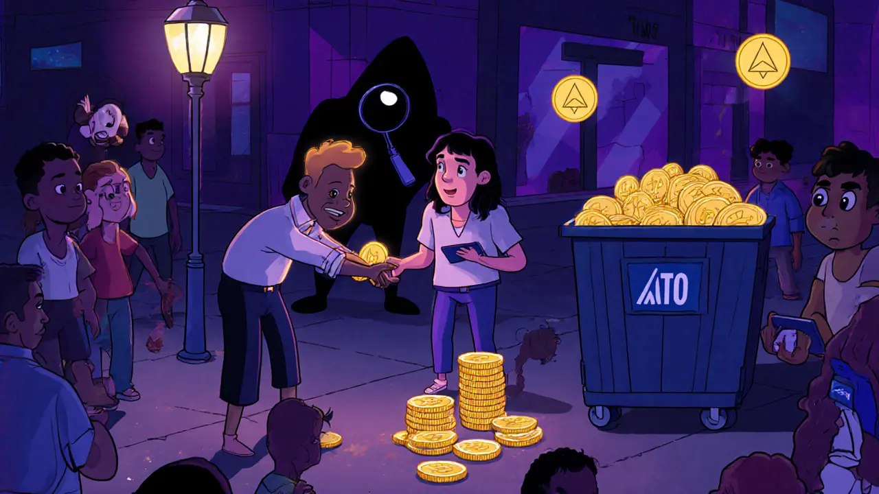 People trading privacy coins at a nighttime P2P market under a streetlamp, with a hidden regulator watching.
