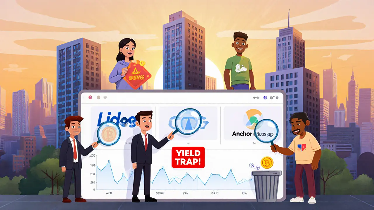Users examine a TVL dashboard with warning signs, one dropping a failed protocol into a trash can.