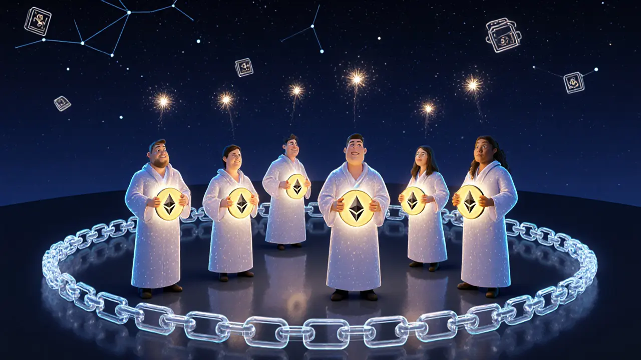 Validators in glowing robes standing in a staking circle with floating ETH tokens and fee burns.