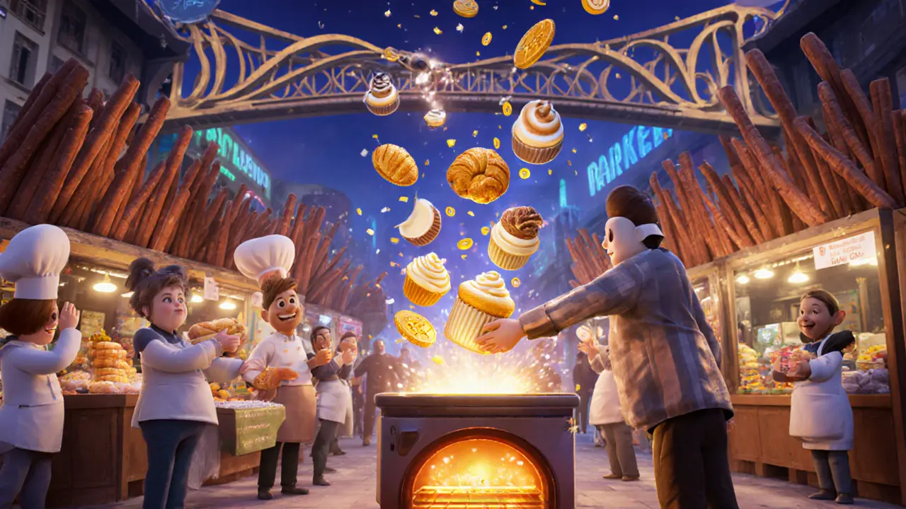 A bustling NFT marketplace where food-themed tokens are traded and staked, with BAKE tokens raining down as confetti.