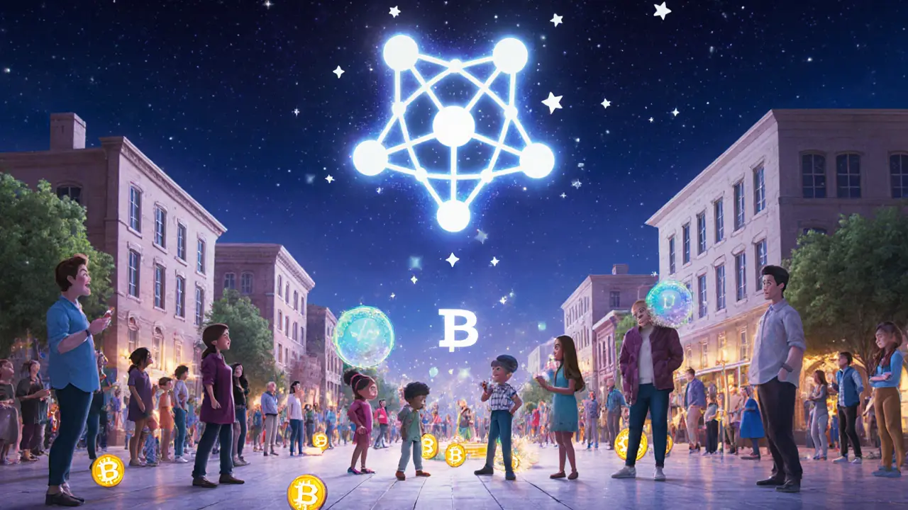 A community of users staking CYC tokens to power privacy pools in a glowing digital town square.