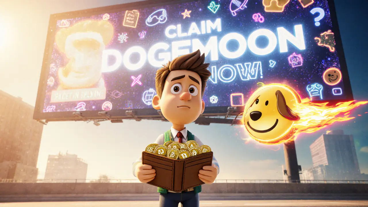 A confused investor holding worthless DGMOON tokens while a vibrant DOG token flies past.