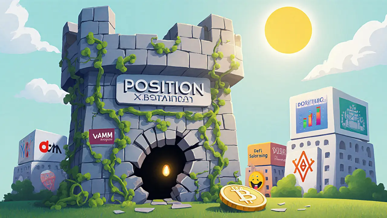 A crumbling digital fortress labeled Position Exchange decays while thriving DeFi projects grow nearby.