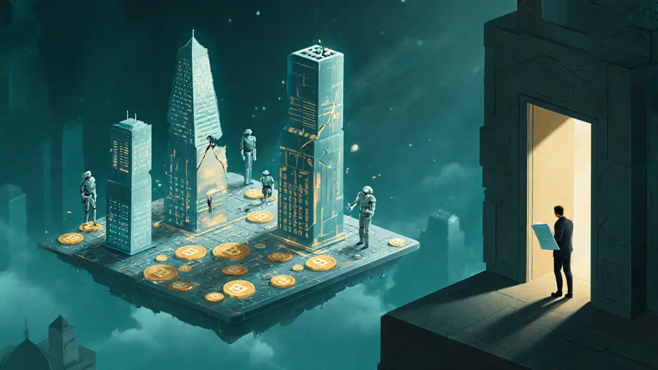 A futuristic AI city on a blockchain platform with one crumbling tower and a developer holding an empty scroll.