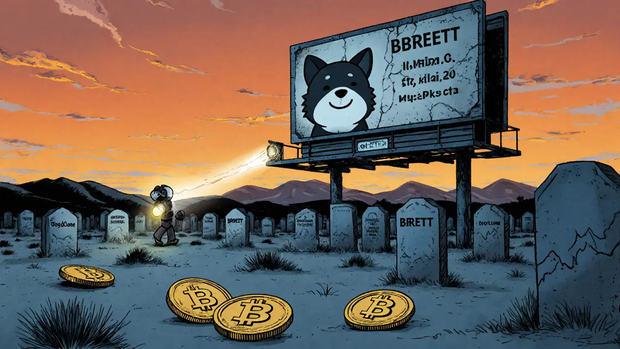 A ghost town of dead crypto tokens, with BBRETT coins blowing like tumbleweeds under a fading billboard.