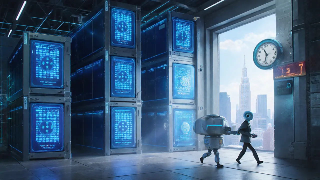 A high-security crypto vault with glowing containers and a robot passing through laser security in Pixar animation style.