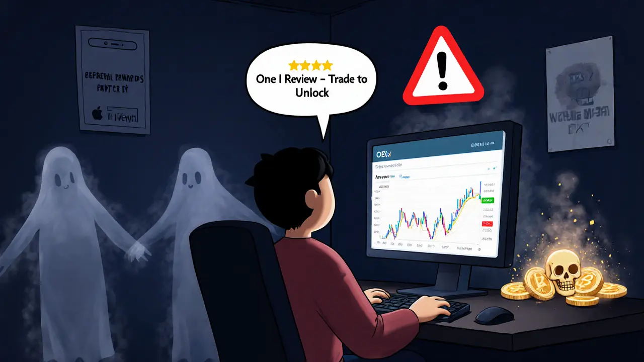 A lone user on a desktop with ghostly absent traders and a &#039;One Review&#039; sign above flickering OBX tokens.